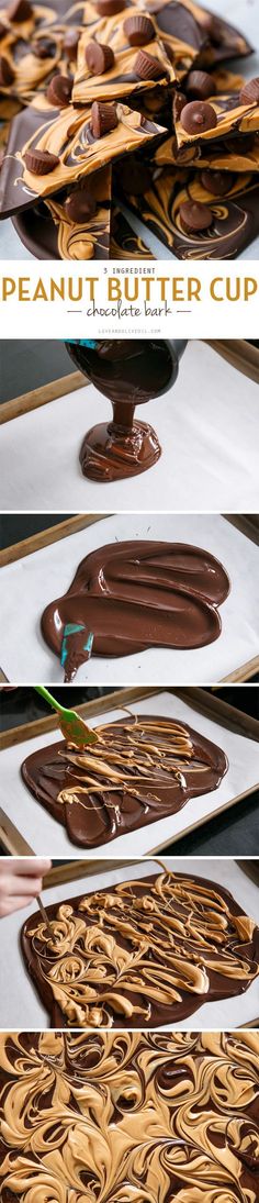 the process for making chocolate swirls is shown in three different stages, including being melted and then drizzled