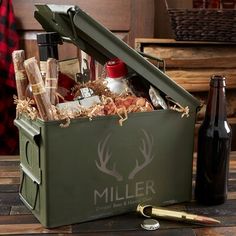 a hunting box filled with wine and other items