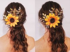 two women with sunflowers in their hair, one wearing a flower headpiece