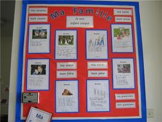 a red and blue bulletin board with family pictures on it's side, next to a sign that says ma familia