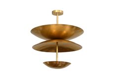 three metal bowls hanging from a gold colored ceiling fixture on a white background with clippings for text