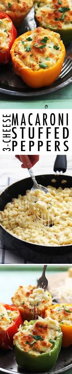 the process of making macaroni and cheese stuffed peppers is shown in three pictures