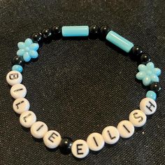 7.5/8" concert beaded bracelet inspired by billie eilish! glass seed beads and plastic letter beads utilized as well as elastic jewelry cord Billie Eilish Jewelry, Billie Concert, Elastic Jewelry, Bracelet Inspired, Bracelets Ideas, Fan Accessories, Bracelets Diy, Bracelet Ideas, Beaded Bracelets Diy