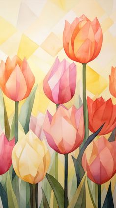 a painting of pink and yellow tulips in front of an abstract background with geometric shapes