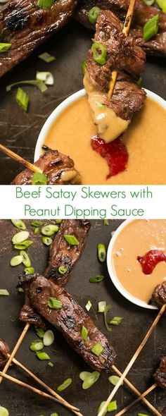 beef satay skewers with peanut dipping sauce are on the grill and ready to be eaten