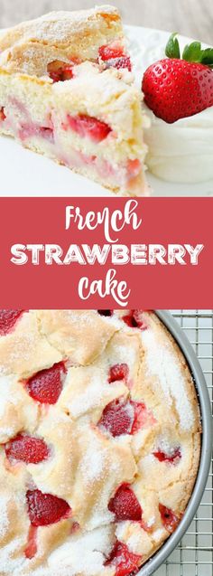 fresh strawberry cake with powdered sugar on top and in the background, there are strawberries