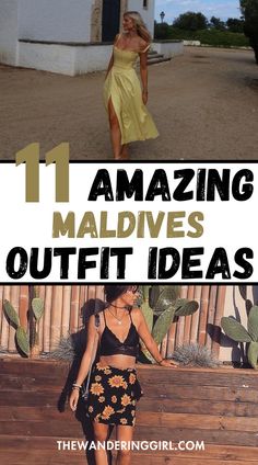 two pictures with the words 11 amazing maldives outfit ideas on them and an image of a woman in a yellow dress