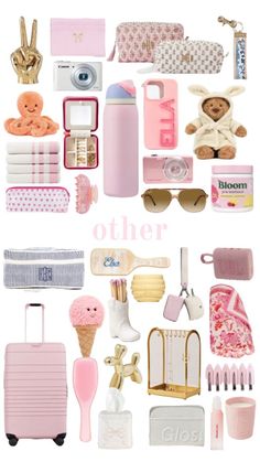 a collage of pink and white items with the words other written in english on them