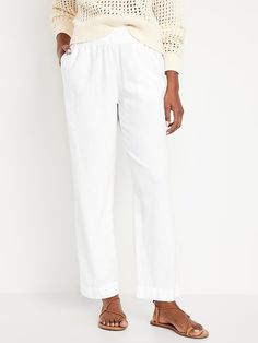 High-Waisted Linen-Blend Straight Pants | Old Navy Spain Outfit Ideas, White Linen Pants Outfit, Classic Fashion Looks, Linen Pants Outfit, Chic Romper, Casual Linen Pants, Bridal Shower Outfit, White Linen Pants, 60 Fashion