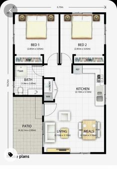 the floor plan for a small house with two bedroom and an attached living room area