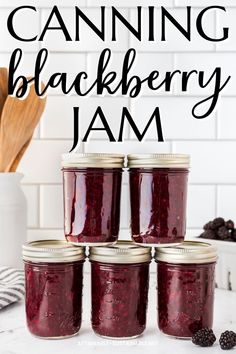 canning blackberry jam in jars with text overlay