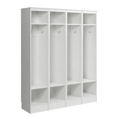 a white locker with four doors and three shelves