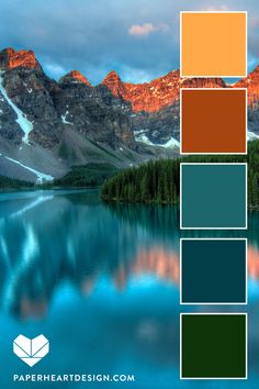 the color palette is different shades of blue, green, and orange with mountains in the background