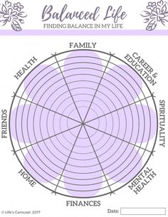 the balance wheel is shown in purple and white with words above it that read balanced life