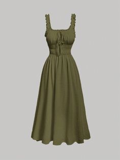 Women's Army Green Solid Color Simple Everyday Vest Dress With Pleats And Lace-Up Bow,Western,Vintage Army Green Casual  Sleeveless Woven Fabric Plain Cami Non-Stretch  Women Clothing, size features are:Bust: ,Length: ,Sleeve Length: Green Milkmaid Dress, Dangri Dress Women, Dangri Dress, Dark Academia Dresses, Classy Vintage Outfits, Cottage Core Clothes, Cottage Core Dresses, Style Vert, Boyish Outfits