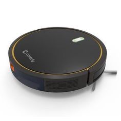 a black and yellow robot vacuum on a white surface