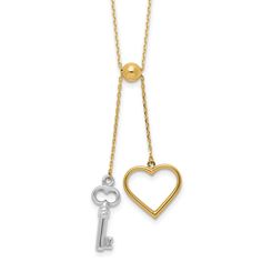 Introducing our stunning 14k two tone adjustable dangle heart key necklace for her. This themed necklace is the perfect expression of love and features a beautiful heart and key design. The two-tone necklace is crafted from high-quality 14k gold and is adjustable to fit any neck size. The dangle necklace is perfect for adding a touch of elegance to any outfit. This women's necklace is a must-have for any jewelry collection and makes a great gift for that special someone. Shop now and add this heart necklace to your collection! Heart And Key Necklace, Heart Key Chain, Dangle Necklace, Heart Key, Necklace For Her, Dangle Necklaces, Heart And Key, Heart Keychain, Key Necklace