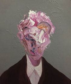 a painting of a man in a suit with pink flowers on his head