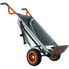 a silver and orange cart with wheels on a white background in the shape of a wheelbarrow