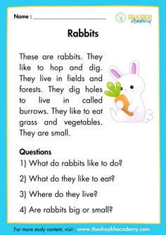 rabbit reading worksheet for kids to learn how to read the words in english