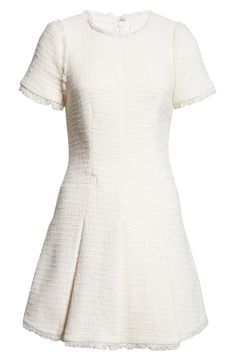 Fringe trim adds a fun flourish to this smartly tailored tweed dress in a perfectly flared silhouette. 34" length; 1/2" fringe (size 8) Back zip closure Jewel neck Short sleeves Front welt pockets Lined 77% cotton, 21% polyester, 2% elastane Dry clean Imported Tweed Dress Outfit, White Tweed Dress, Tweed Outfit, Tweed Shift Dress, Tweed Style, Future Outfit, Pleated Mini Dress, Tailored Dress, Tweed Dress