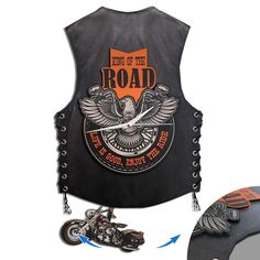 a black motorcycle vest with an eagle on the front and side, attached to a helmet