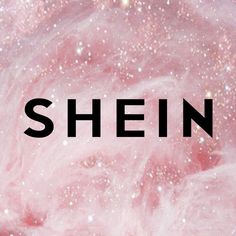 the word shein written in black on a pink background with white and gold speckles