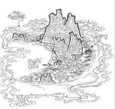 a black and white drawing of an island with lots of buildings on it, surrounded by water