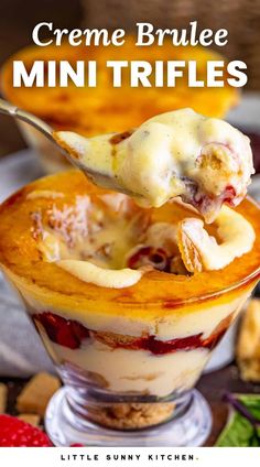 creme brulee mini trifles in a glass dish with a spoon