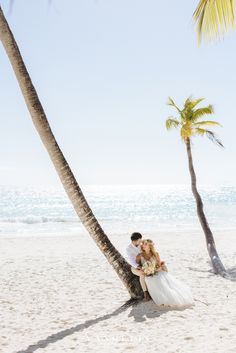 a bride and groom sitting on a palm tree at the beach in front of the ocean