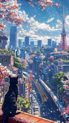 a cat is sitting on a ledge looking at the cityscape with cherry blossoms