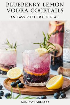 blueberry lemon vodka cocktail in a glass with ice and garnish