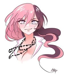 a drawing of a woman with pink hair and pearls on her necklace, wearing a white shirt