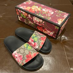 These Sandals Are In Brand New Condition And They Are A Size European 37 Which Is An American 6! Gucci Flower Slides, Designer Pink Slides For Spring, Gucci Luxury Slide Sandals, Spring Luxury Pink Slides, Pink Gucci Slip-on Sandals, Gucci Pink Open Toe Sandals, Gucci Slides For Summer Beach, Gucci Slides For Spring, Luxury Pink Sandals For Vacation