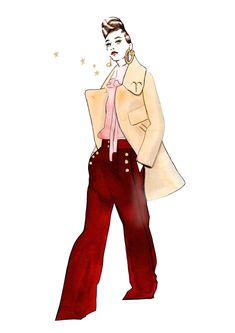 a drawing of a woman wearing red pants and a white coat with stars on it