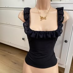 my NEW *ruffles' - Christmas handmade lace neckline  halter top,  100% cotton fabric jersey with beautiful lace trim straps  All items are handmade by me in the U.K. -  I'm a one person business and take lots of orders so please bare this in mind - your order will be made by hand 🥰 Items take 14-21 days to make before dispatching  Free uk postage  #y2k #90's #top #black  #halterneck #summer #outfits Mesh Halter Top, Top Noir, Black Ruffle Top, Royal Dresses, Lace Trim Top, Dark Makeup, Christmas Handmade, Lace Neckline, Handmade Lace