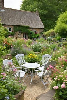 an outdoor table and chairs in the middle of a garden with lots of flowers around it