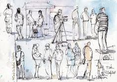 a drawing of people standing in front of a building