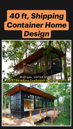 the front and back cover of a small house in the woods with text reading 40ft, shipping container home design michigan, united states