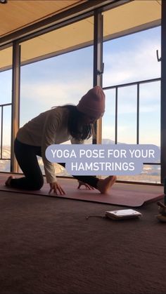 a woman doing yoga poses for her hamstrings with the words yoga pose for your hamstrings