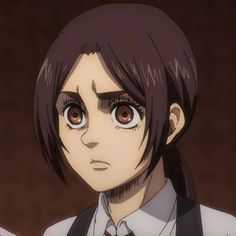 an anime character with brown eyes and dark hair looking at something while wearing a tie