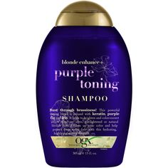 Blonde Enhance + Purple Toning Shampoo -  Banish unwanted, brassy tones with OGX Blonde Enhance + Purple Toning Shampoo for silver, pre-lightened or natural blonde hair. Formulated with strengthening ingredients like keratin.    Benefits     Ideal for silver, pre-lightened or natural blonde hair Invigorates your senses with notes of blood orange, papaya butter and coconut milk A highly pigmented formula to brighten and color-correct yellow tones and protect from color fade Free of sulfated surfa Ogx Hair Products, Purple Shampoo For Blondes, Best Purple Shampoo, Purple Shampoo And Conditioner, Blonde Tones, Toning Shampoo, Sally Beauty, Purple Shampoo, Beauty Products Drugstore