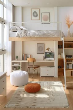 there is a loft bed in the middle of this room with a desk and bookshelf