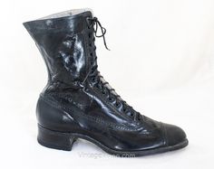 "Victorian lace-up boots in fine black leather, an iconic pair of antique shoes in a curvy silhouette with toe cap, subtle broguing, and a sturdy sole.  These authentic Victorian ladies' boots have a 1.25-inch heel in stacked painted wood, tapered toes and high lacing to lower calf.  So unusual to find in unworn condition, with the original stamped leather logo to the soles.  An exceptional antique boot!    Size   Marked 3.5    Measurements   Ball of Foot Width 3 1/8, Toe to Heel 9 7/8 Inches  S Formal Lace-up Boots With Closed Toe, Formal Fitted Lace-up Boots With Closed Toe, Formal Lace-up Closed Toe Boots, Historical Round Toe Boots For Formal Occasions, Vintage Formal Boots With Almond Toe, Vintage Ankle Boots For Formal Occasions, Vintage Formal Ankle Boots, Vintage Almond Toe Boots For Formal Occasions, Formal Closed Toe Boots