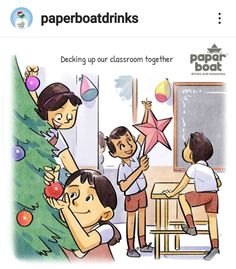 an image of children decorating a christmas tree with paper balls and stars on it