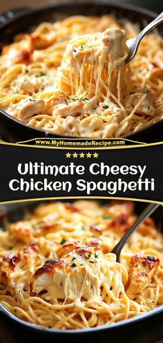 the ultimate chicken spaghetti recipe in a skillet is ready to be eaten and served