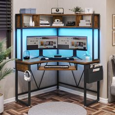 a computer desk with two monitors on it