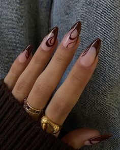 Simple Fall Nails, November Nails, Her Nails, Almond Nails Designs, Makijaż Smokey Eye, Almond Acrylic Nails, White Nail, Brown Nails