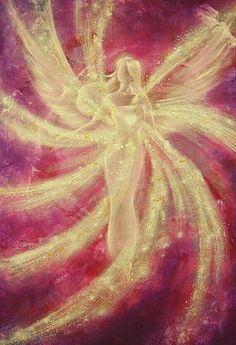 a painting of an angel on a purple and pink background with gold sparkles around it