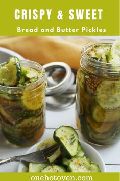 two mason jars filled with pickles and cucumbers